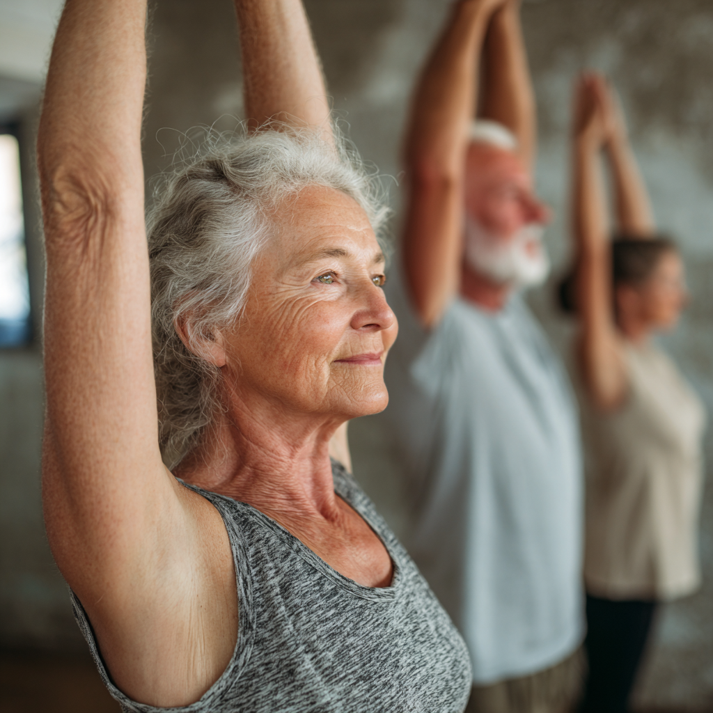 Older adults practicing gentle yoga movements in a calm studio environment
